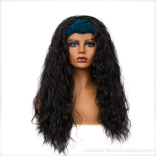 Aishili black long water wave air synthetic hair wig with acid blue headband wig sfor women